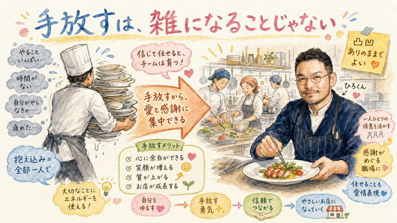 ひろくんが、委ねることと手を抜かないことは両立するとやさしく語りかけているコラム図解