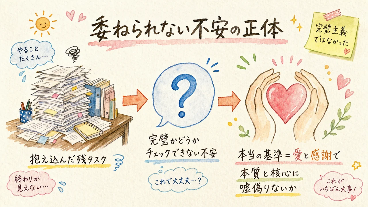抱え込んだ残タスクと、完璧かチェックできない不安、そして愛と感謝で本質に向き合えたかという本当の基準を描いた図解