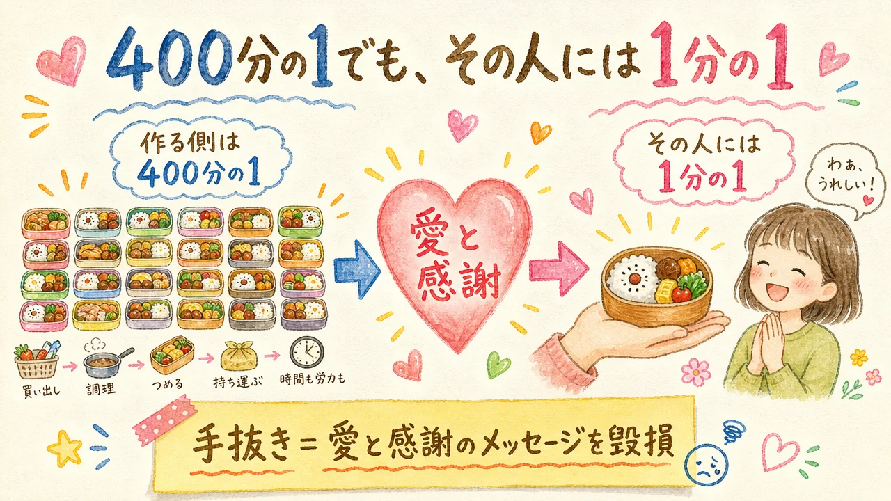 作る側の400分の1が、受け取る一人には1分の1になる非対称と、お弁当に込めた愛と感謝を描いた図解