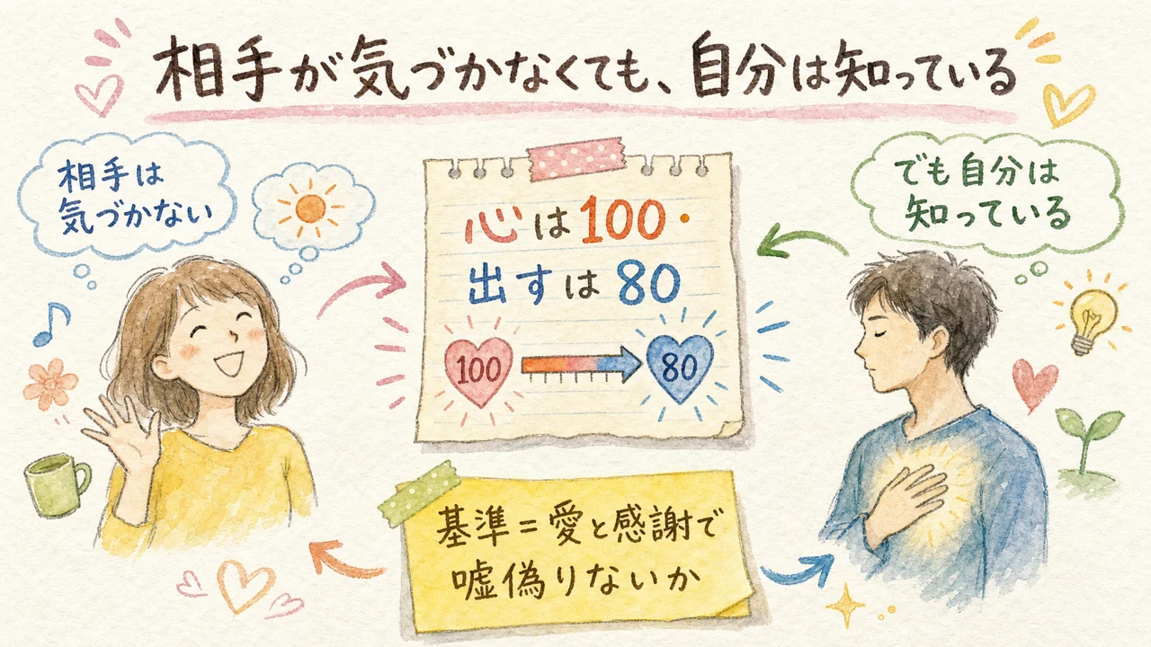 相手が手抜きに気づかず喜んでも、自分が知っていれば愛と感謝のメッセージは毀損される、という内的な誠実さを描いた図解
