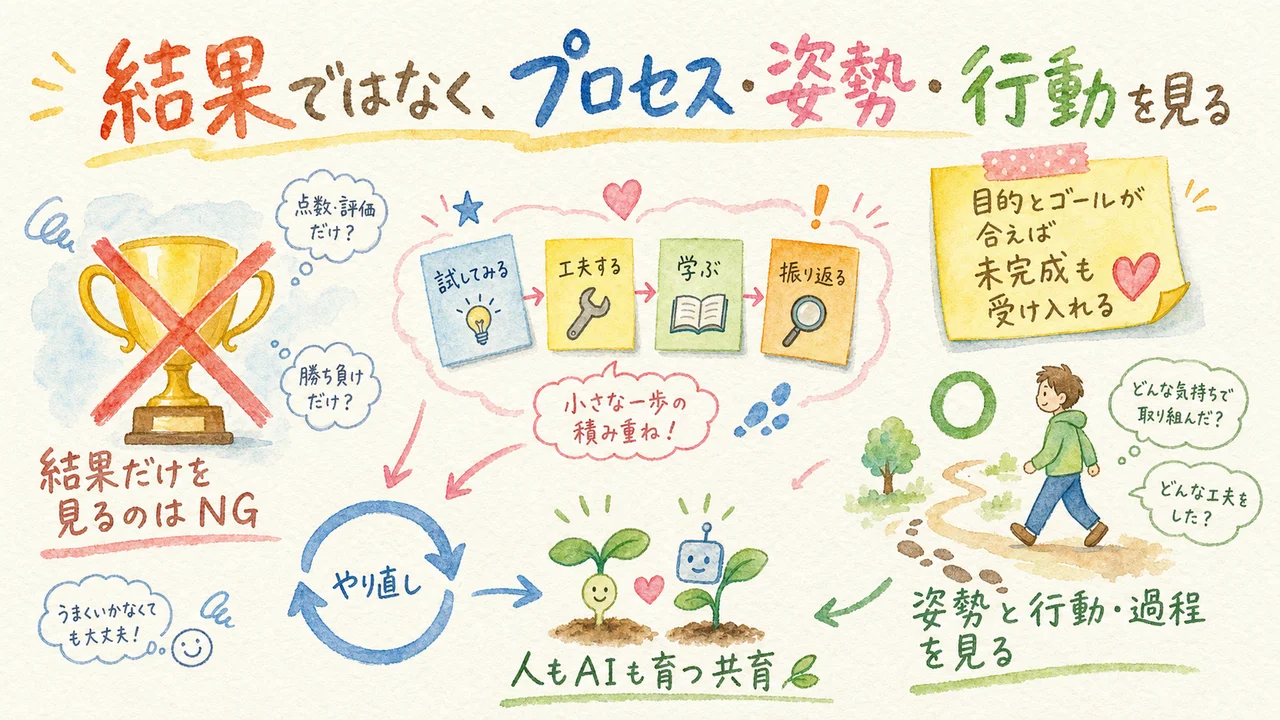 AIに委ねる時、結果ではなくプロセス・姿勢・行動を見て、違和感はやり直しと共育に変える流れを描いた図解