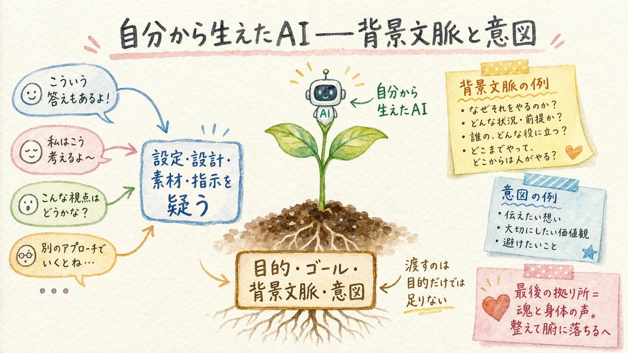 AIへ目的とゴールだけでなく背景文脈と意図を渡し、魂と血肉の通った自分から生えたAIになる過程を描いた図解