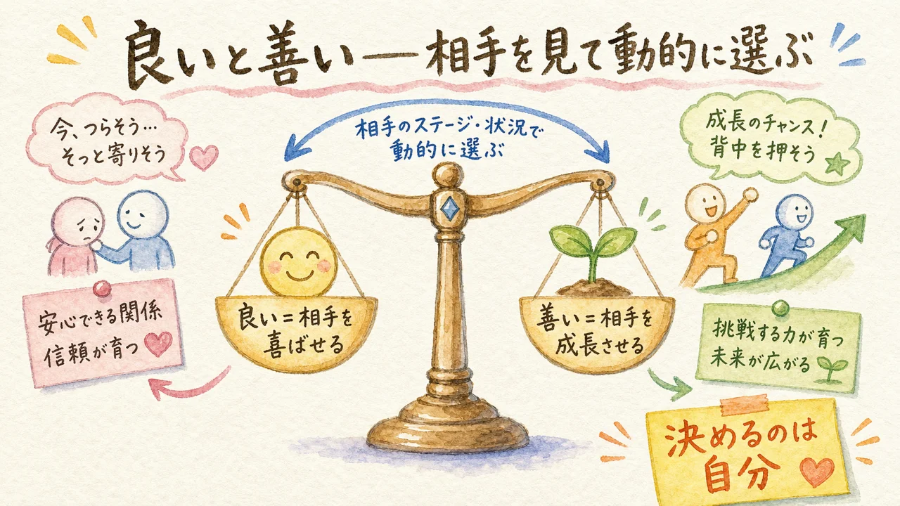 相手を喜ばせる良いと、相手を成長させる善いを、相手のステージや状況を見て自分が動的に選ぶ絆徳の考え方を描いた図解