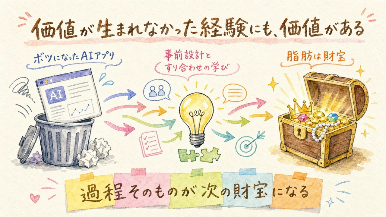 ボツになったAIアプリ開発の経験が、事前設計とすり合わせの大切さを教える財宝になった様子を描いた図解