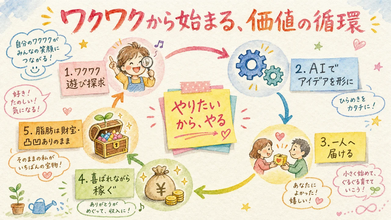 抱え込みから、AIへ背景ごと渡し、遊び探求し、アイデアを形にして一人へ届け、脂肪は財宝と凸凹ありのままが次の人へ循環する流れを描いた図解