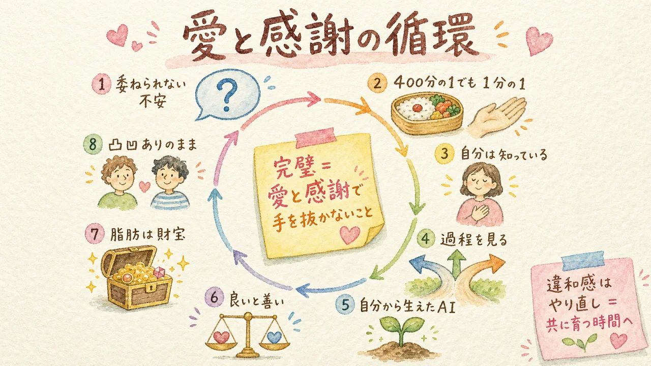 AIに委ねられない不安から、愛と感謝の完璧、良と善の動的判断、自分から生えたAI、脂肪は財宝の循環までを一枚にまとめた全体図解
