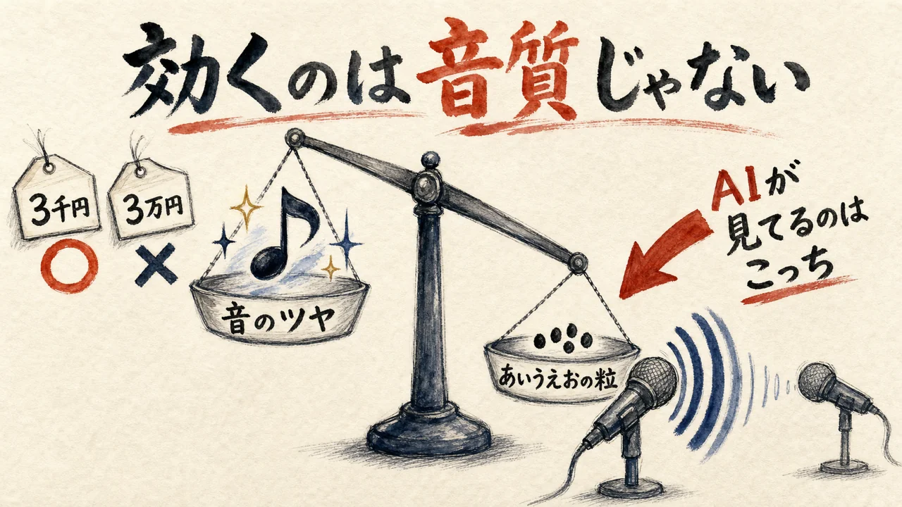 天びんで音のツヤとあいうえおの粒を比べ、AIが見ているのは音素だと示す図解