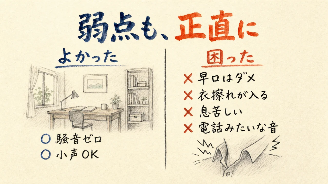 咽喉マイクの良かった点と困った点(早口はダメ・衣擦れ・息苦しい・電話みたいな音)の対比図解