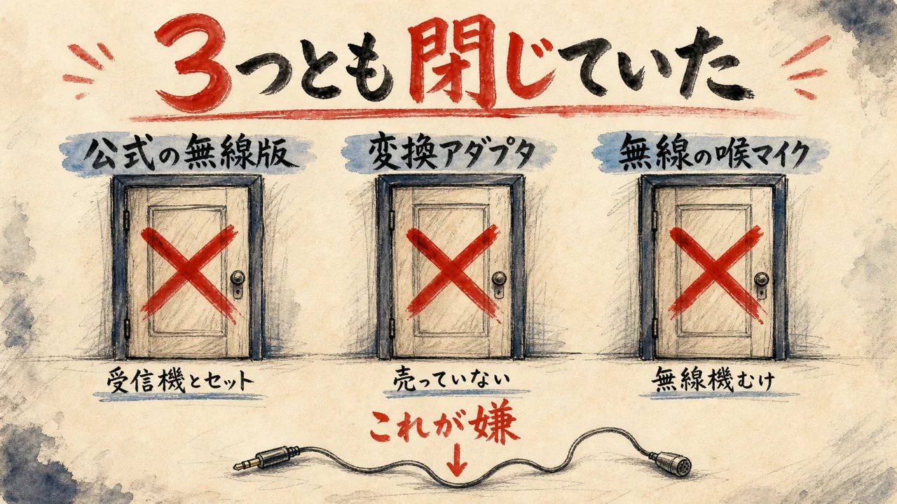 ワイヤレス化の3つの道がすべて閉じている図。公式無線版・変換アダプタ・無線の喉マイク