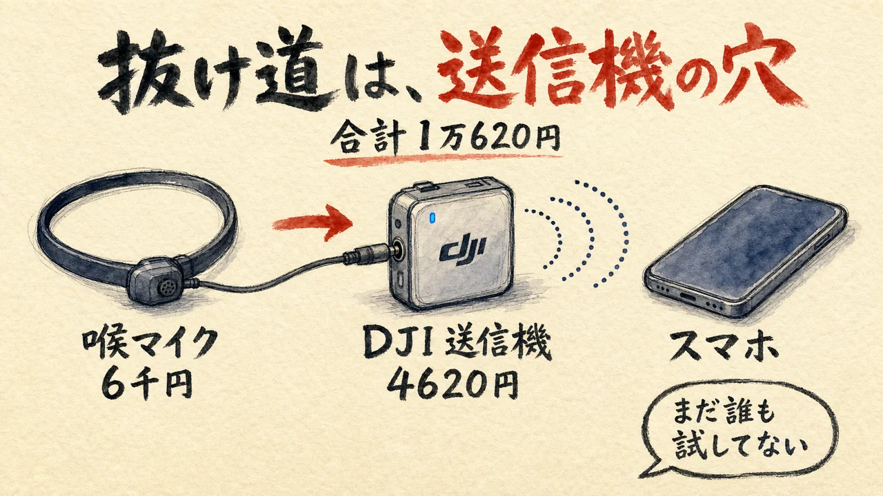 咽喉マイクをDJI送信機の3.5mm入力に挿してスマホへBluetooth直結する合計1万620円の構成図