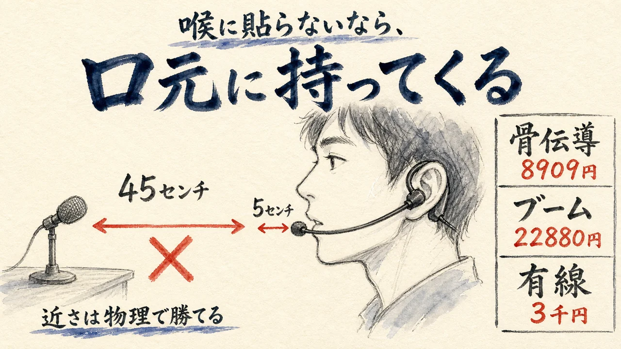 口元にマイクを持ってくる図。骨伝導8909円・ブームマイク22880円・有線3千円の比較