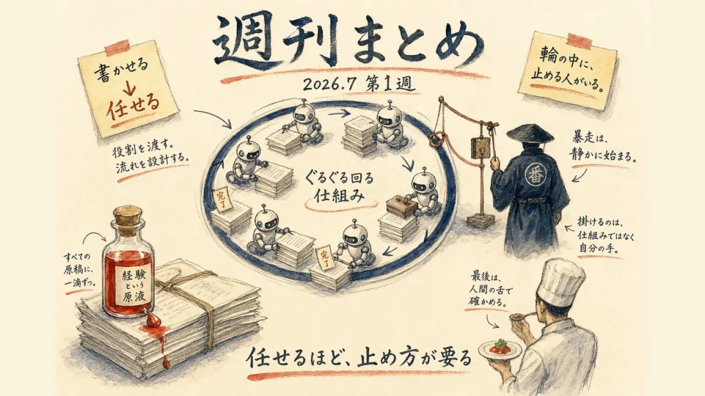 2026年7月1週 週刊GPTs研究会ダイジェストの全体俯瞰グラフィックレコーディング（AIに書かせるから任せるへ・ループの真ん中に立つ番人）