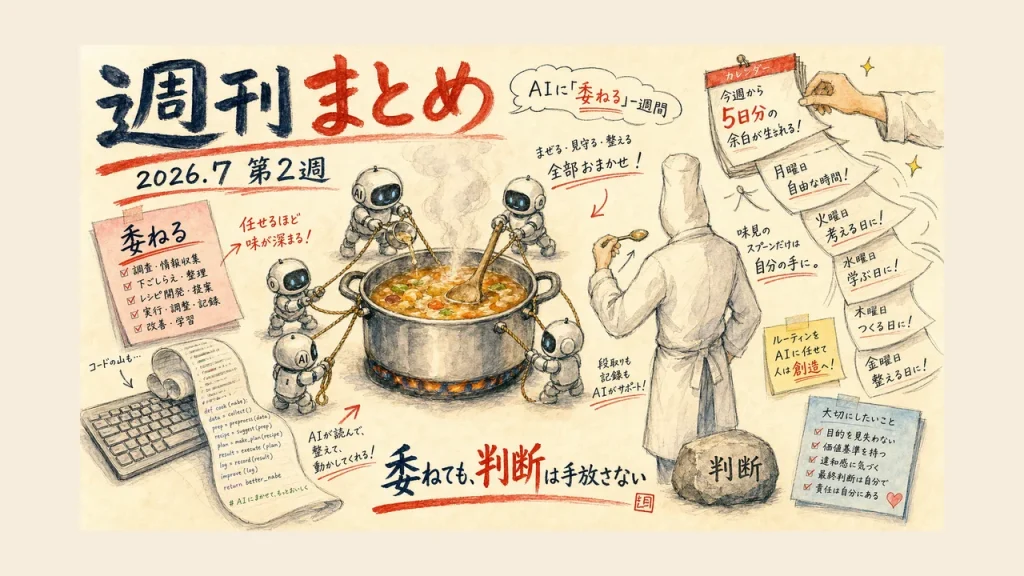 2026年7月2週 週刊GPTs研究会ダイジェストの全体俯瞰グラフィックレコーディング（AIに委ねる一週間・鍋は預けても味見のスプーンは自分の手に）
