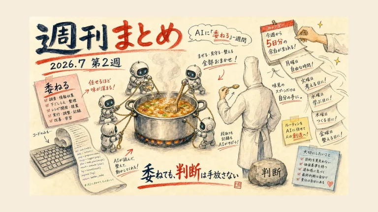 2026年7月2週 週刊GPTs研究会ダイジェストの全体俯瞰グラフィックレコーディング（AIに委ねる一週間・鍋は預けても味見のスプーンは自分の手に）