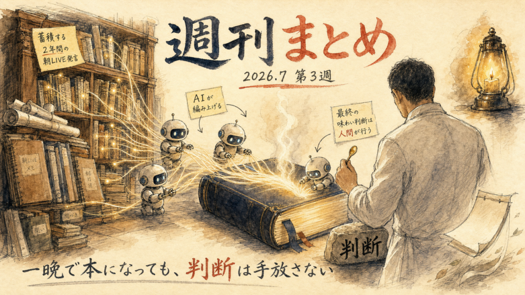 2026年7月3週 週刊GPTs研究会ダイジェストの全体俯瞰グラフィックレコーディング(2年分900本の朝LIVEが一晩で本になっても、味見の一口は自分の舌に)