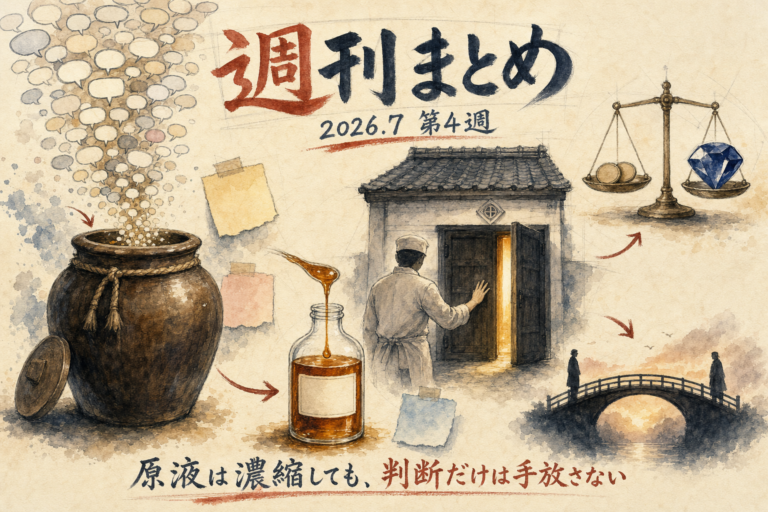 2026年7月4週 週刊GPTs研究会ダイジェストの全体俯瞰グラフィックレコーディング（52万発言のカルピス原液が濃縮され、AI共創OSの蔵にたくわえられていく様子・v2）