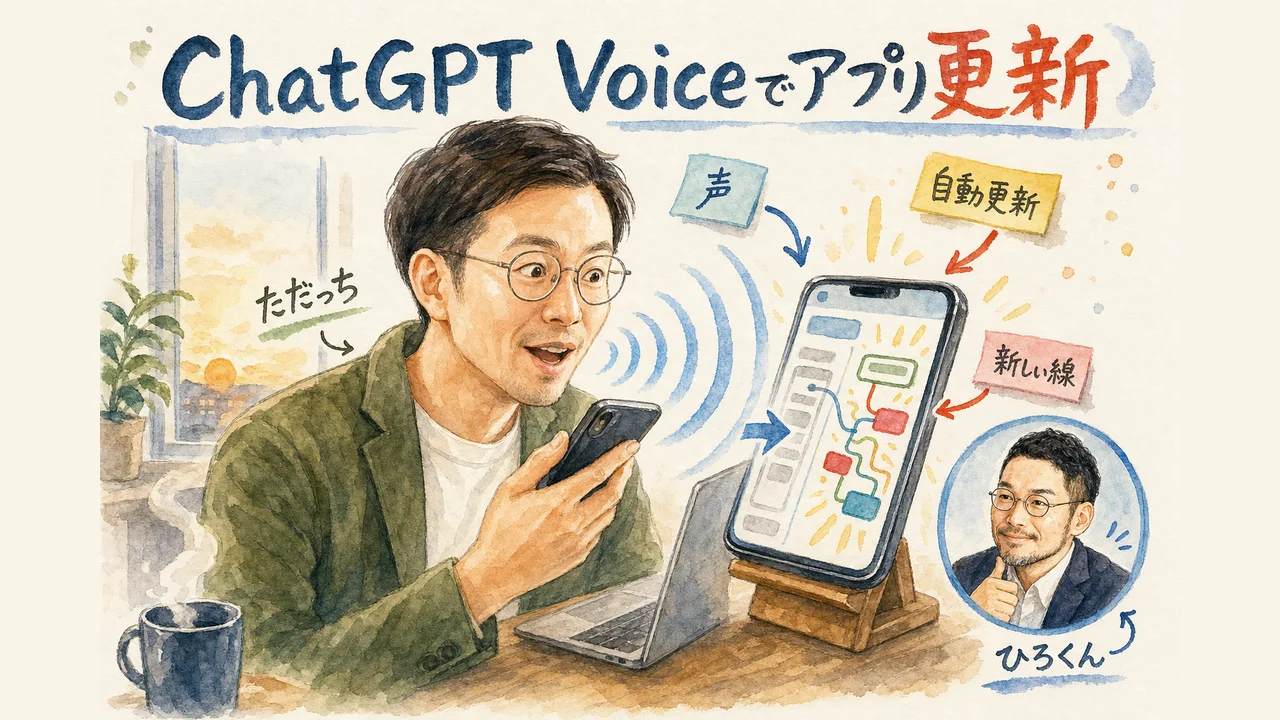 ChatGPT Voiceに話しかけてアプリの更新を頼むただっちを描いた図解
