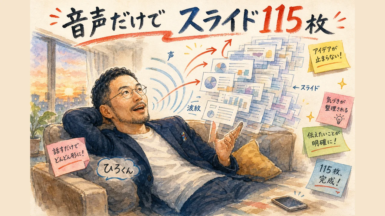 音声対話だけでスライド115枚が生成されていく様子を示した図解