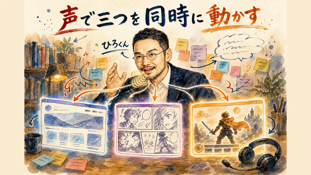 ひろくんがCodexの音声エージェントに話しかけてLP・漫画・ゲームを同時生成させる様子の図解