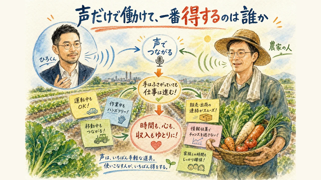 農家や現場で手を動かす人が音声でAIと対話しながら発信していく様子の図解