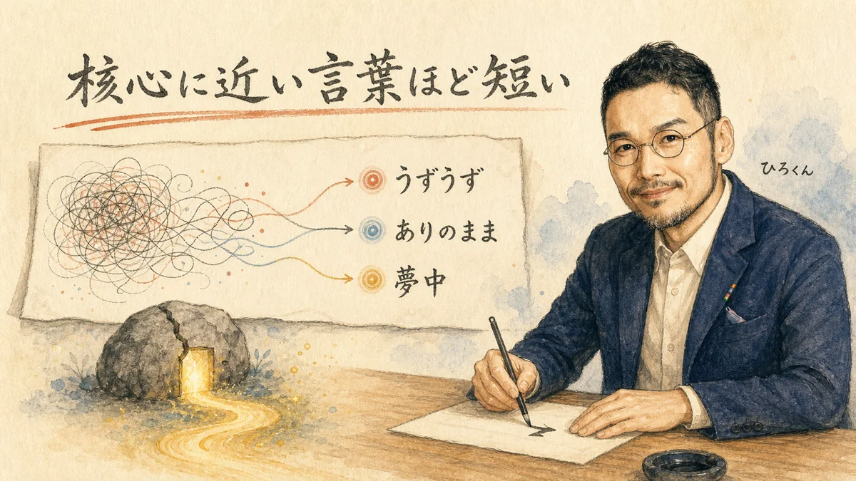 核心に近い短い言葉を紙に書くひろくん