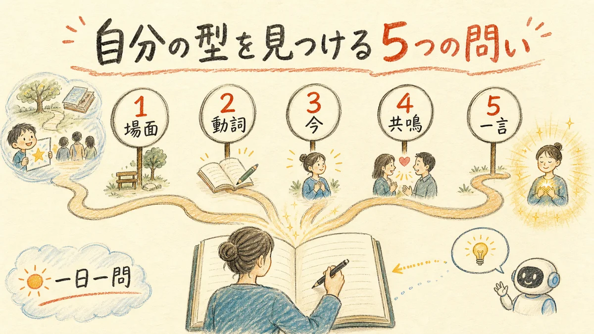 自分の型を見つける5つの問いを紙に書く流れ