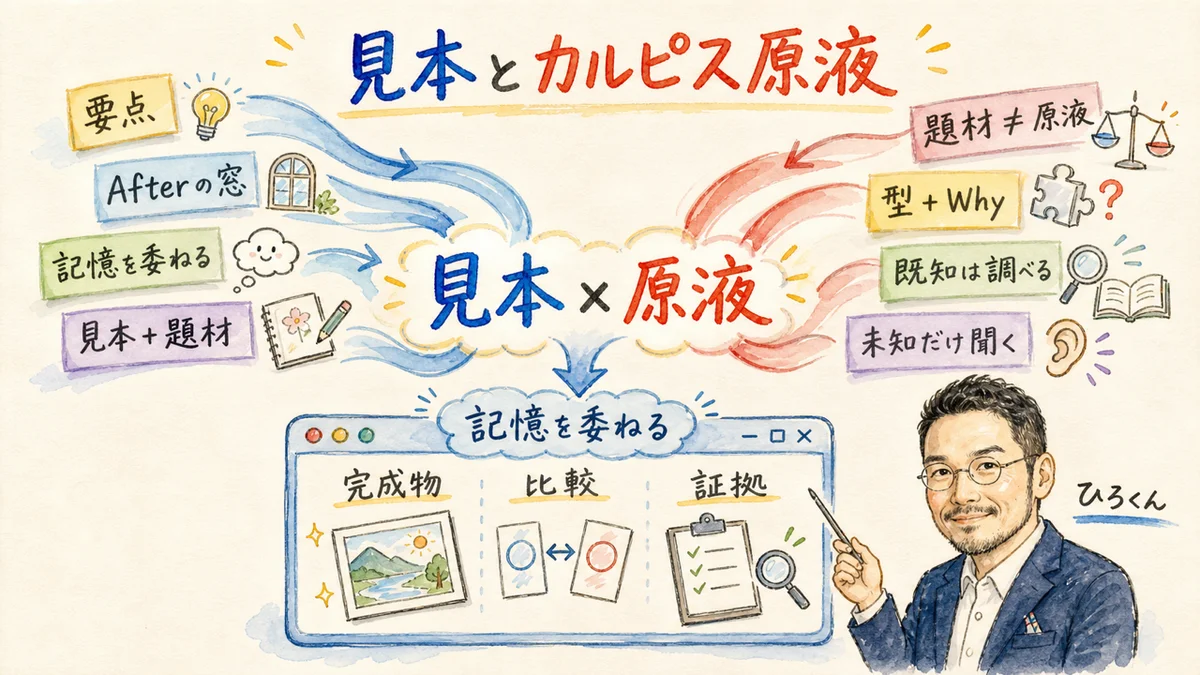 見本・題材・カルピス原液・改善ループの全体像