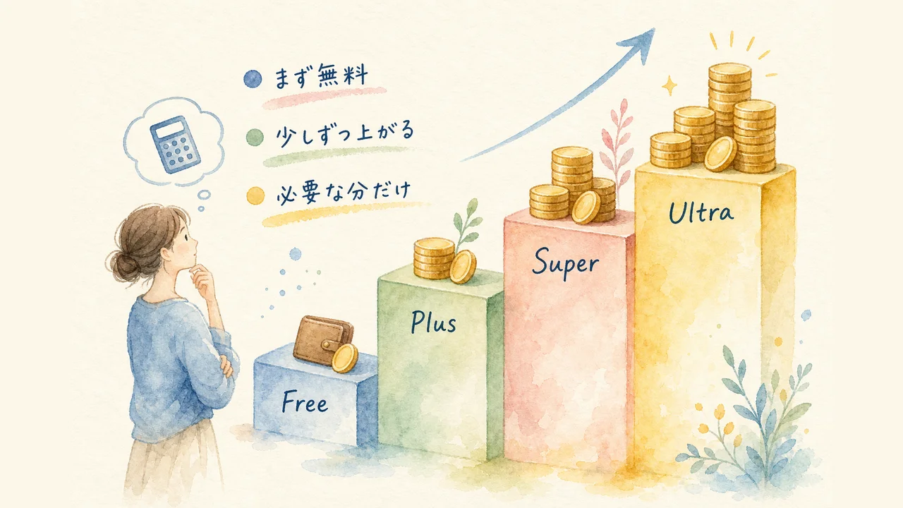 4段階の料金ティアの階段を見上げる人