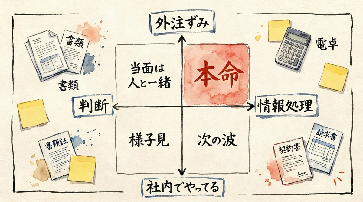 外注済みか社内か、判断か情報処理かで分けた4象限の図解
