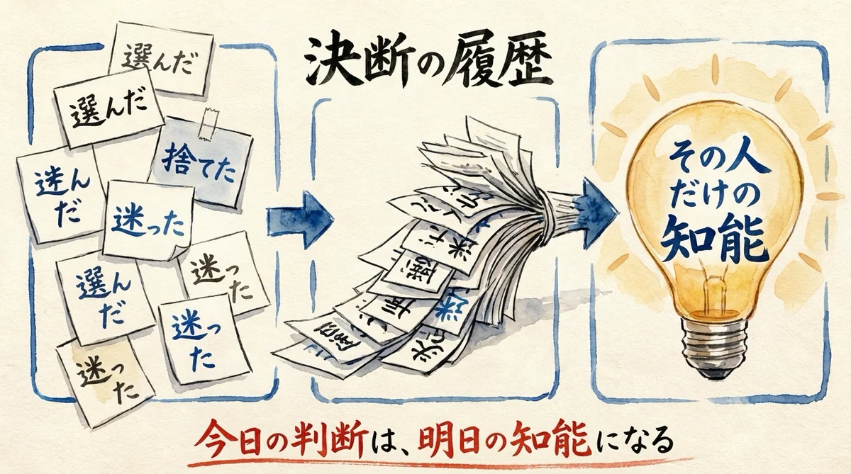 決断の履歴が積み重なって自分だけの知能に変わることを示した図解