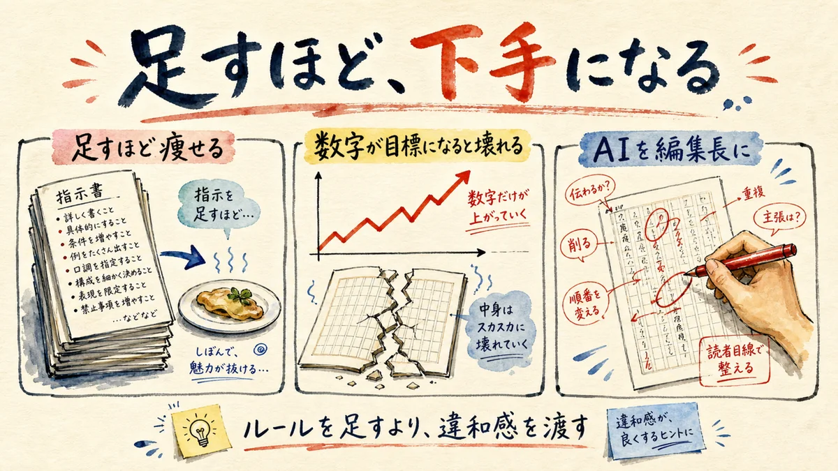 指示を足すほど出力が痩せる、数値目標が作品を壊すことを示した図解