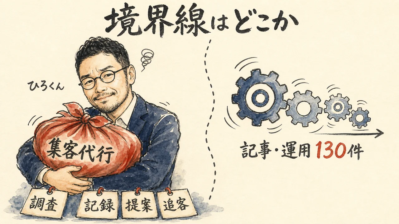 記事や運用は自走しているのに集客代行だけを抱えているひろくんの図解