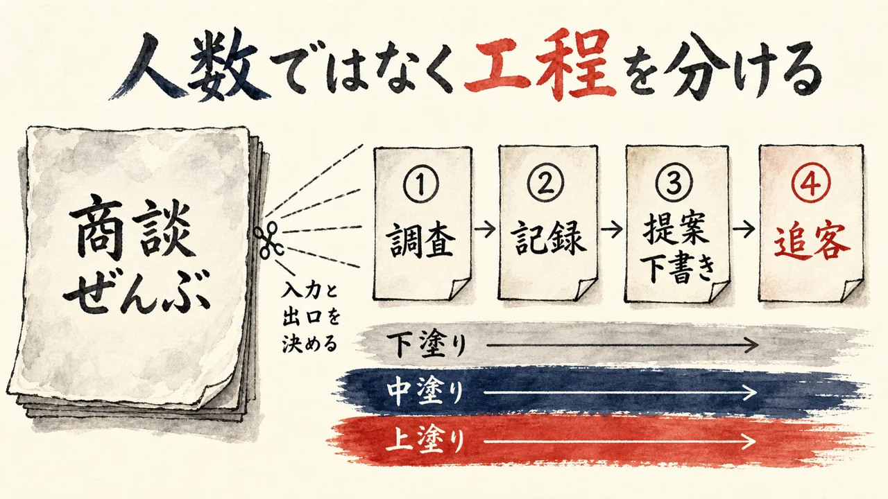 商談ぜんぶを調査・記録・提案下書き・追客の4工程へ分ける図解