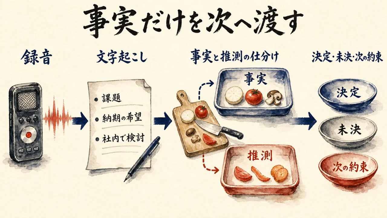録音から文字起こし、事実と推測の仕分けを経て次工程へ渡す流れの図解