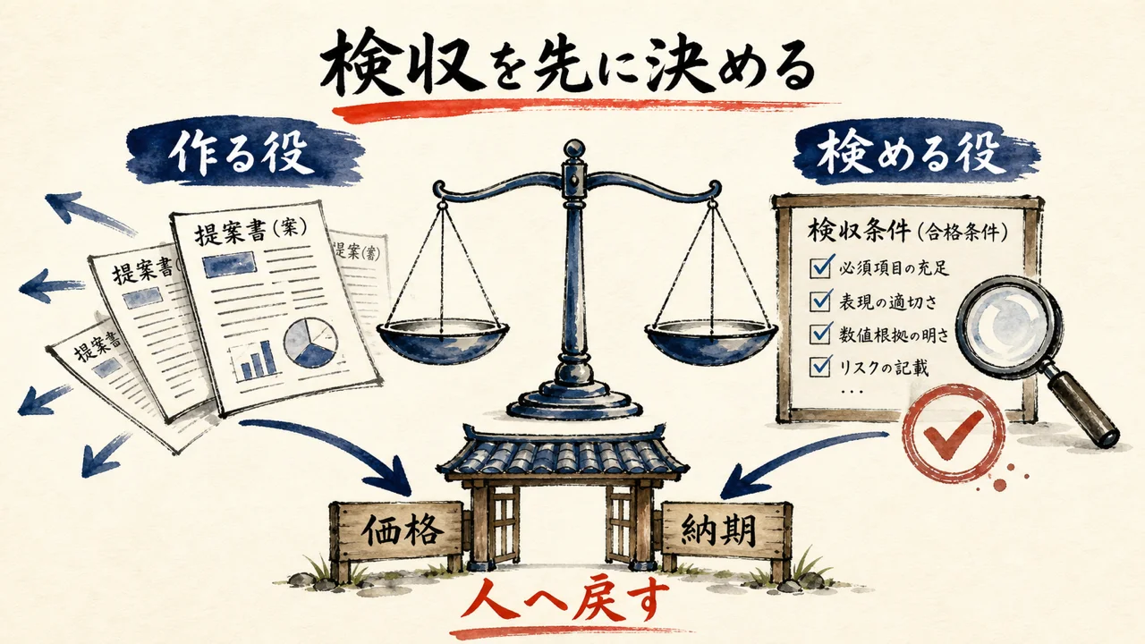 提案書を作る役と検める役を分け、価格と納期は人へ戻す図解