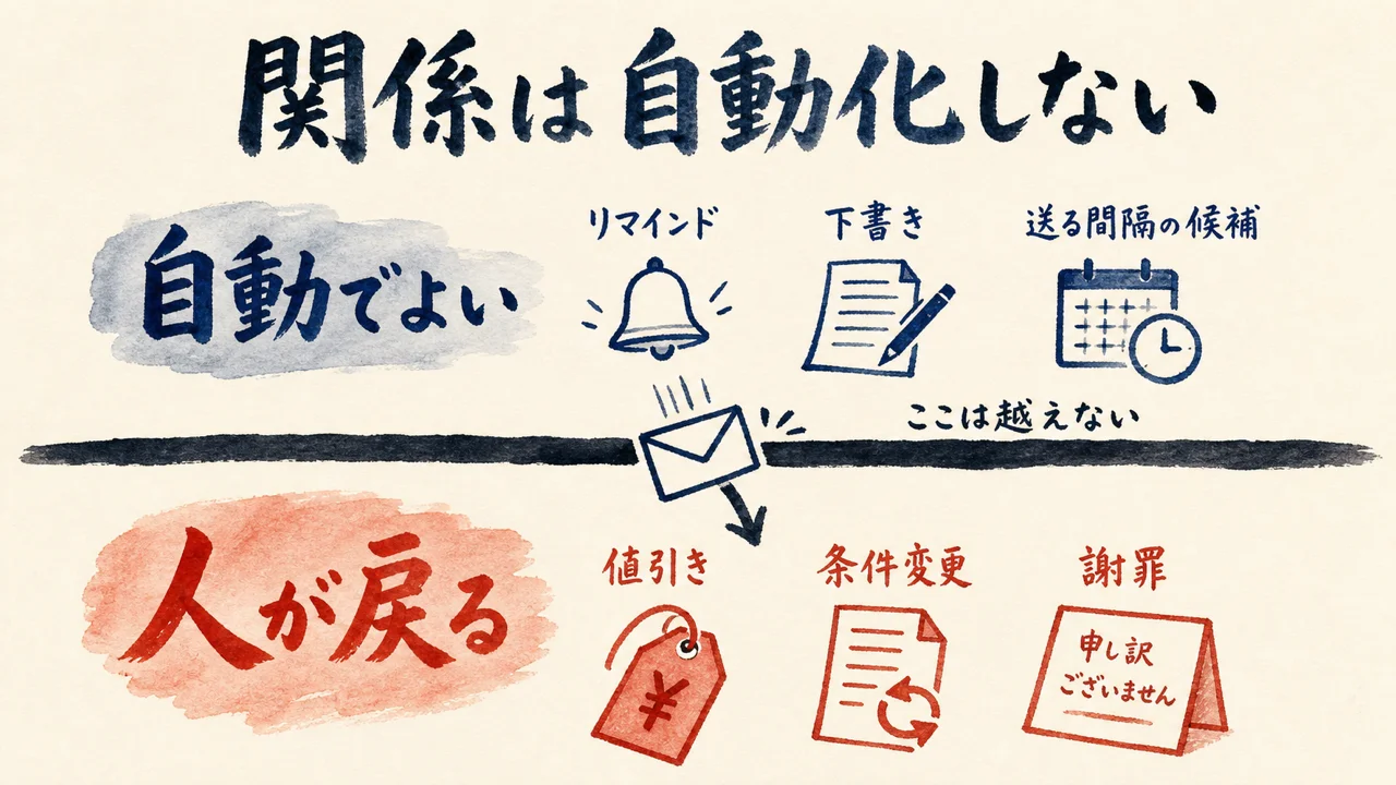 追客で自動化してよい範囲と、人が必ず戻る範囲を上下に分けた図解