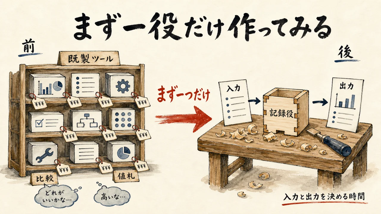 既製ツールを比較する前に、記録役だけを自分で作ってみる前後の図解