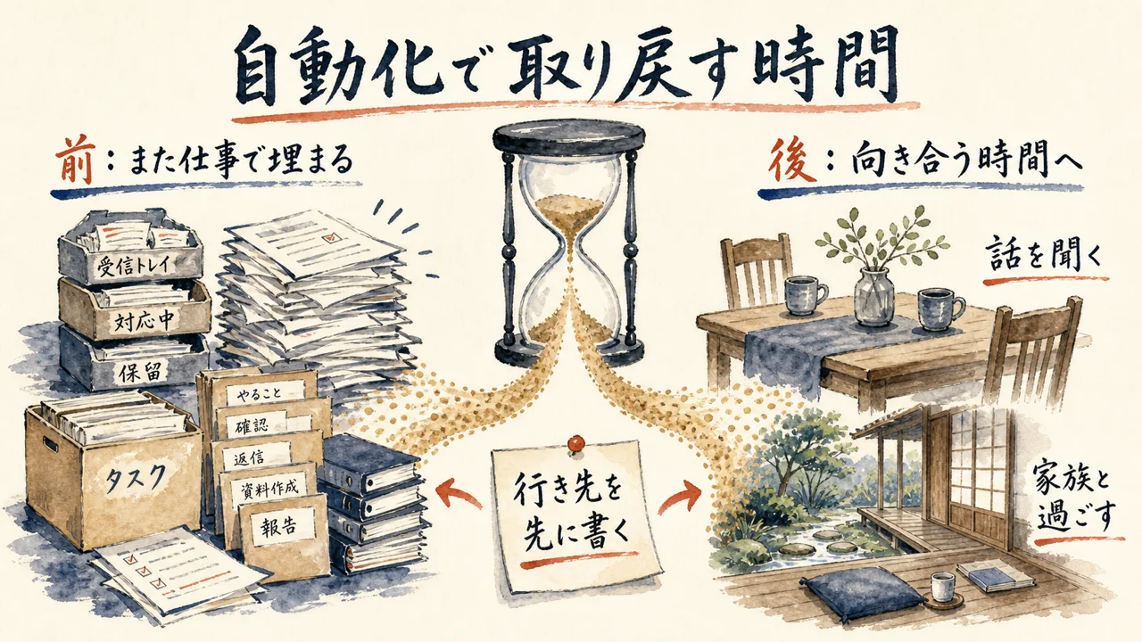 浮いた時間の行き先を、仕事か人と向き合う時間かで比べた図解