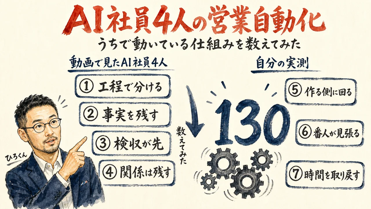AI社員4人の営業工程の分け方と自動化件数の実測を並べた図解