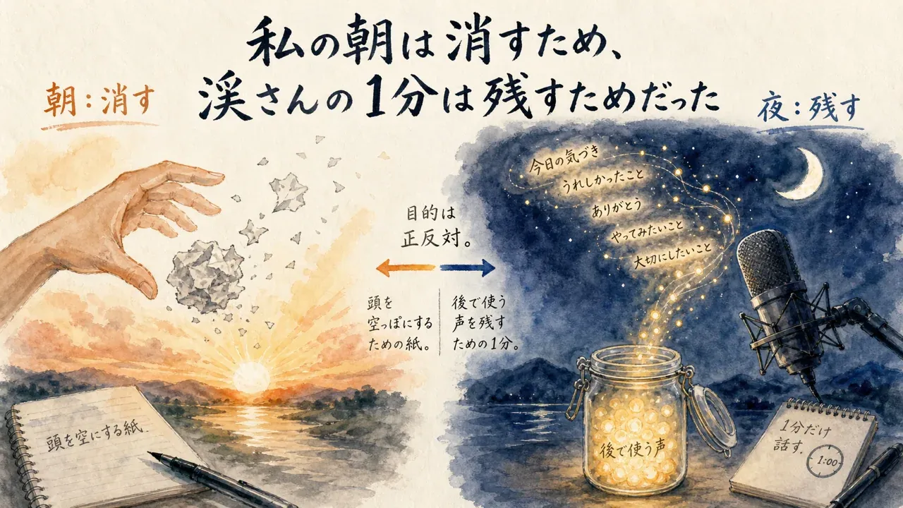朝は消すため、渓さんの1分は残すため