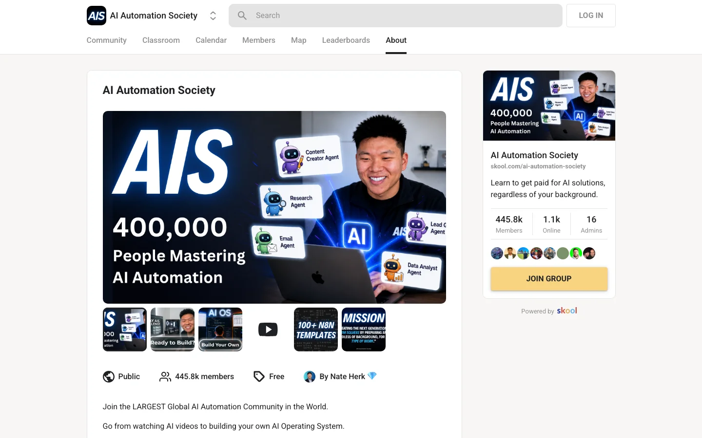 AI Automation SocityのSkoolコミュニティaboutページの実機キャプチャ