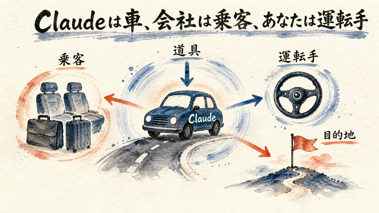 Claudeは車、会社は乗客、あなたは運転手の図解