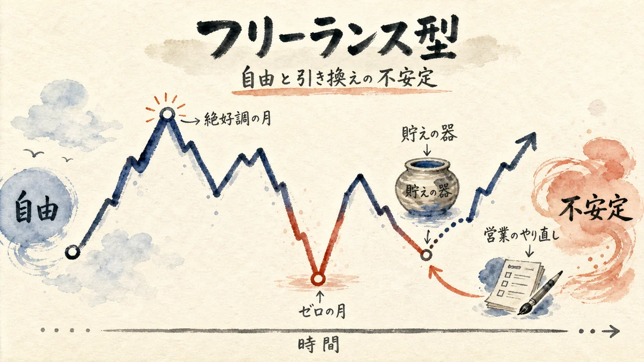 フリーランス型の自由と不安定さの図解