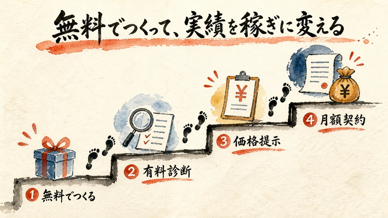 無料でつくって実績を稼ぎに変える図解