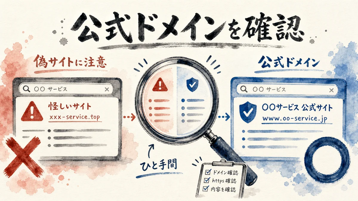 検索結果の中から偽サイトを見分けて公式ドメインを選ぶ様子を示す水彩インフォグラフィック
