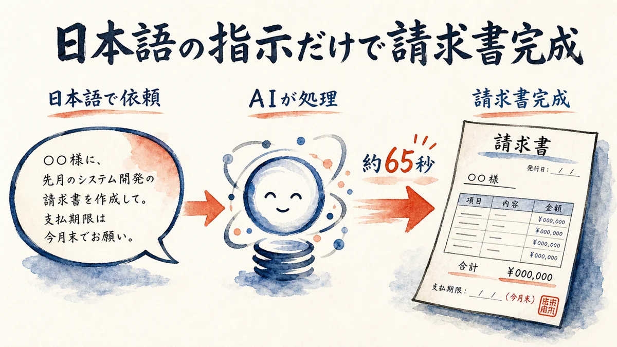 日本語の指示だけで請求書が完成するまでの流れを示す水彩インフォグラフィック