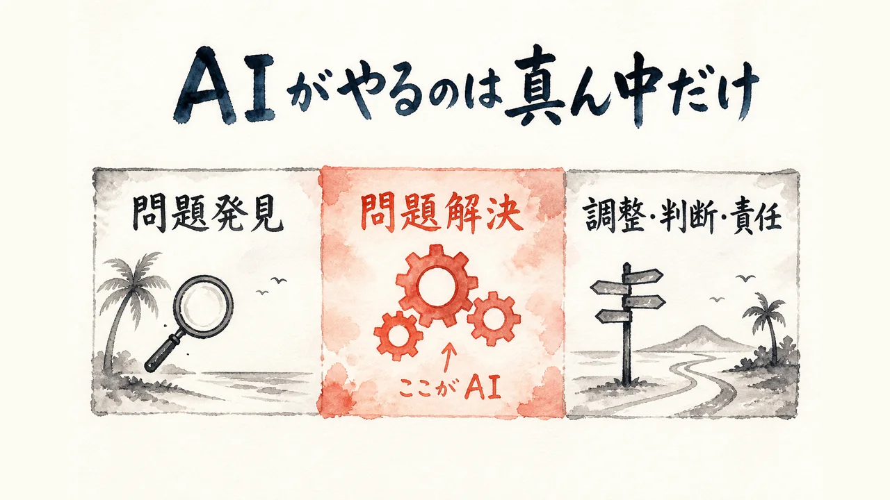 問題発見・問題解決・調整判断責任の3分割で、AIが担うのは真ん中だけだと示す図解