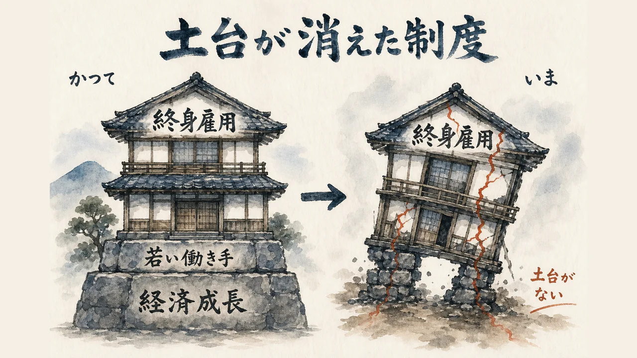 経済成長と若い働き手という土台の上に建っていた終身雇用が、土台を失って傾く図解