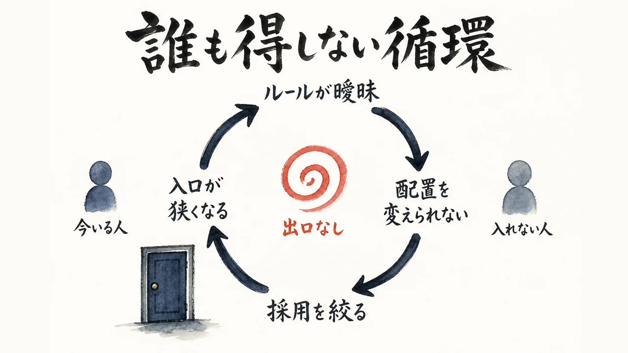 ルールの曖昧さが配置転換も採用も止めてしまい、誰も得しない循環になる図解
