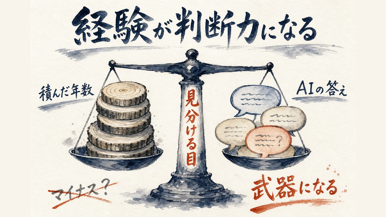 積んだ年数とAIの答えを天秤にかけ、経験が判断力になることを示す図解